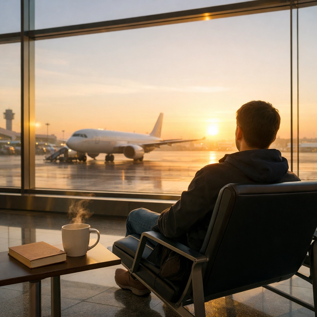 Relaxed traveler enjoying coffee in a quiet airport terminal at sunrise, avoiding TSA security stress.
