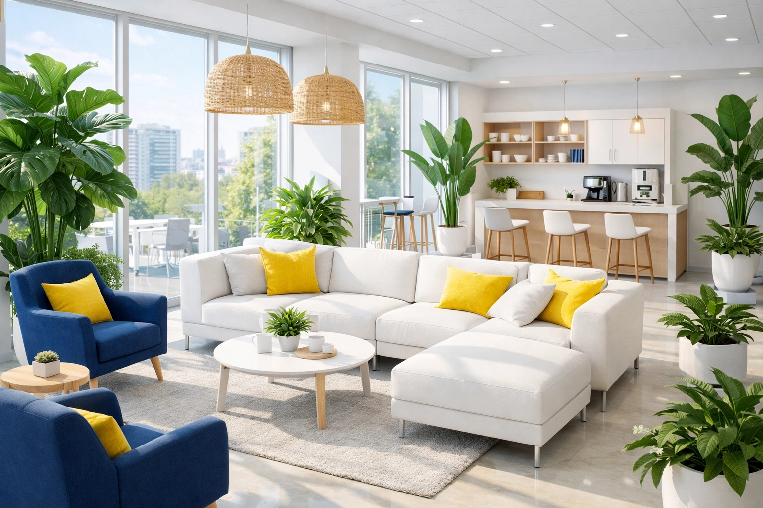 Healthy Stoneham office workspace with plants and spotless glass reflecting eco-friendly commercial cleaning.