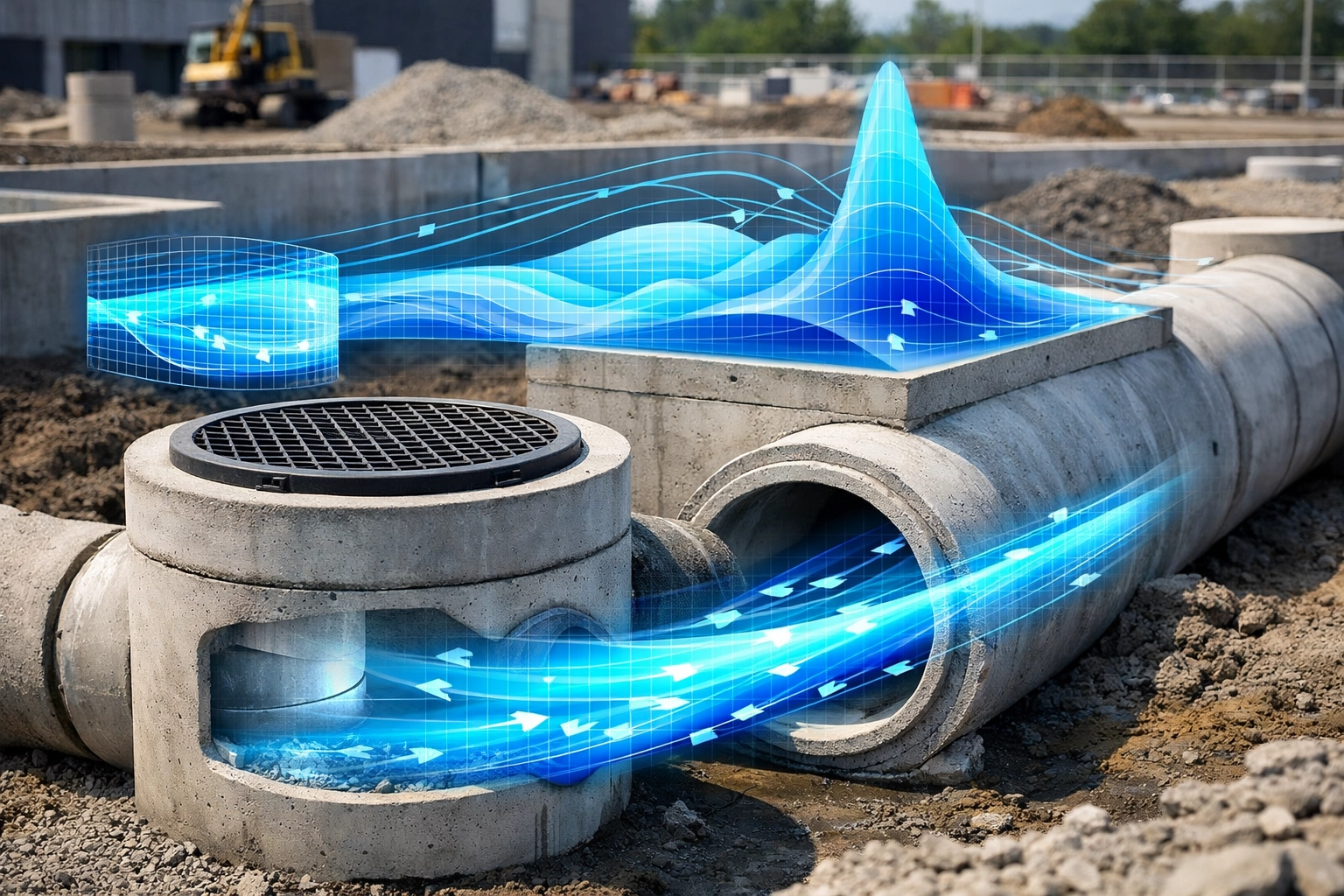 Stormwater management infrastructure and hydraulic flow analysis at an Ontario commercial site.