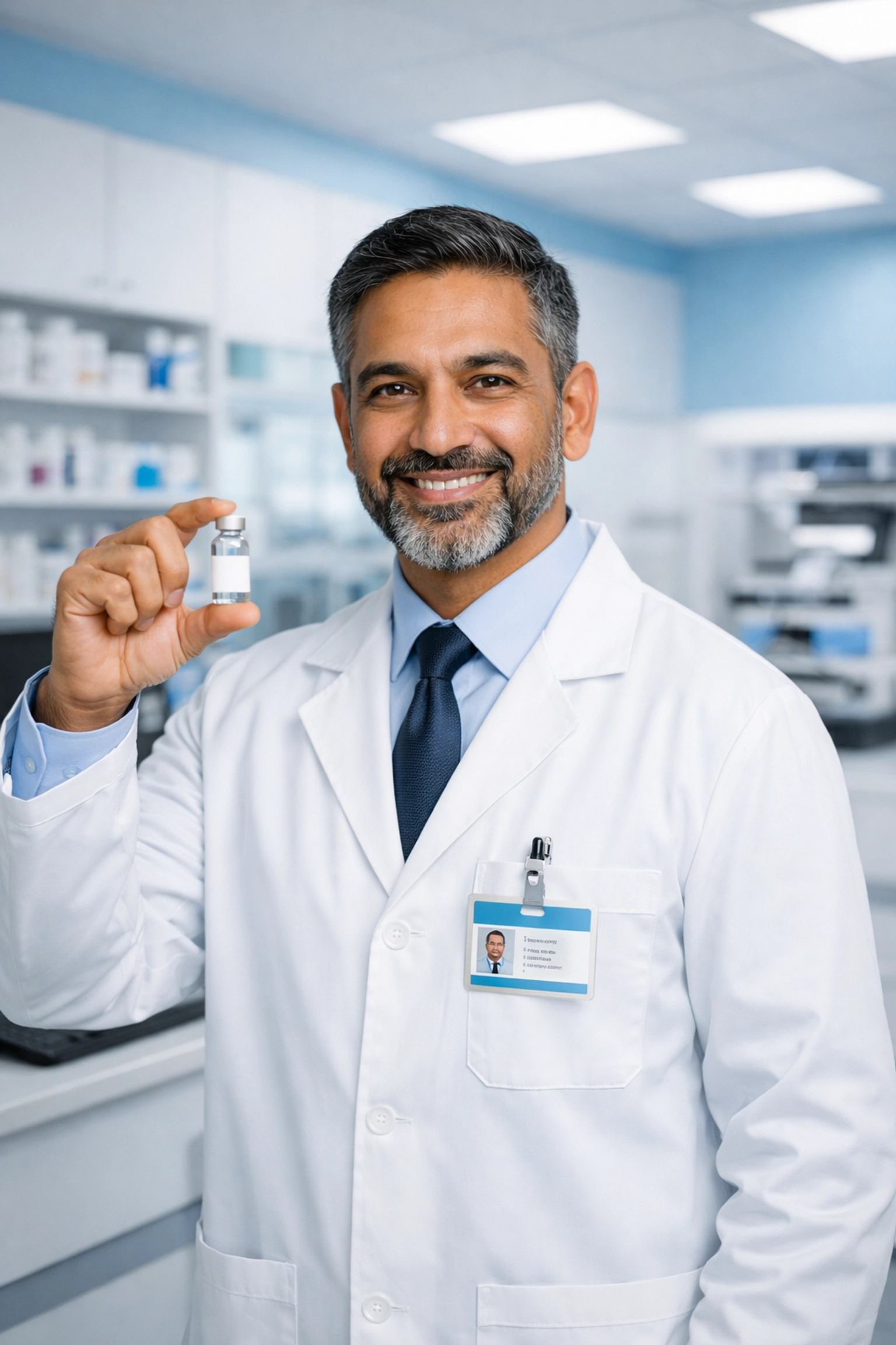 Professional pharmacist holding medication prepared in a state-licensed compounding pharmacy.