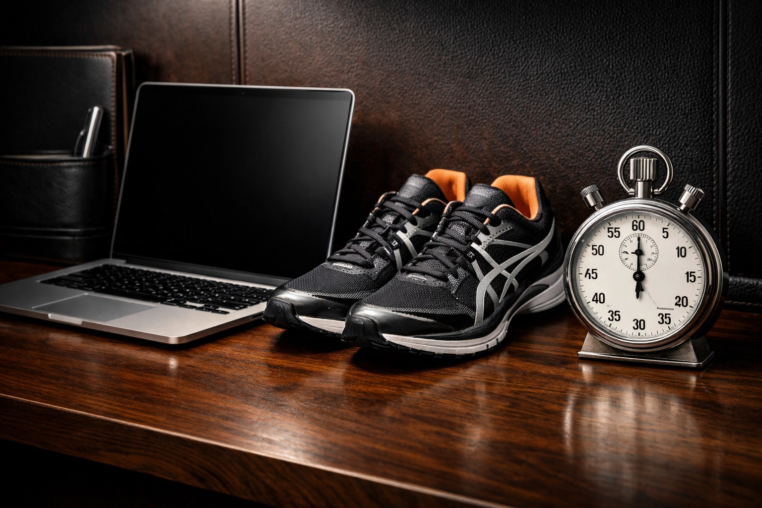 Minimalist desk with a laptop and athletic gear symbolizing the cognitive athlete mindset for high performance.
