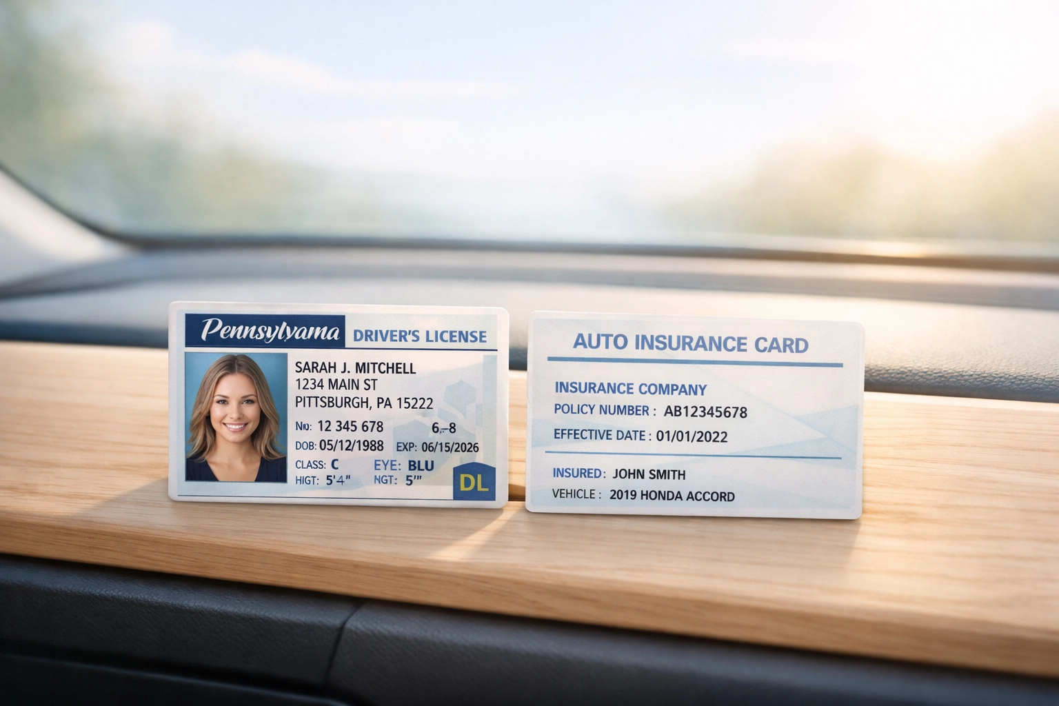 Pennsylvania driver's license and auto insurance card on car dashboard showing required coverage