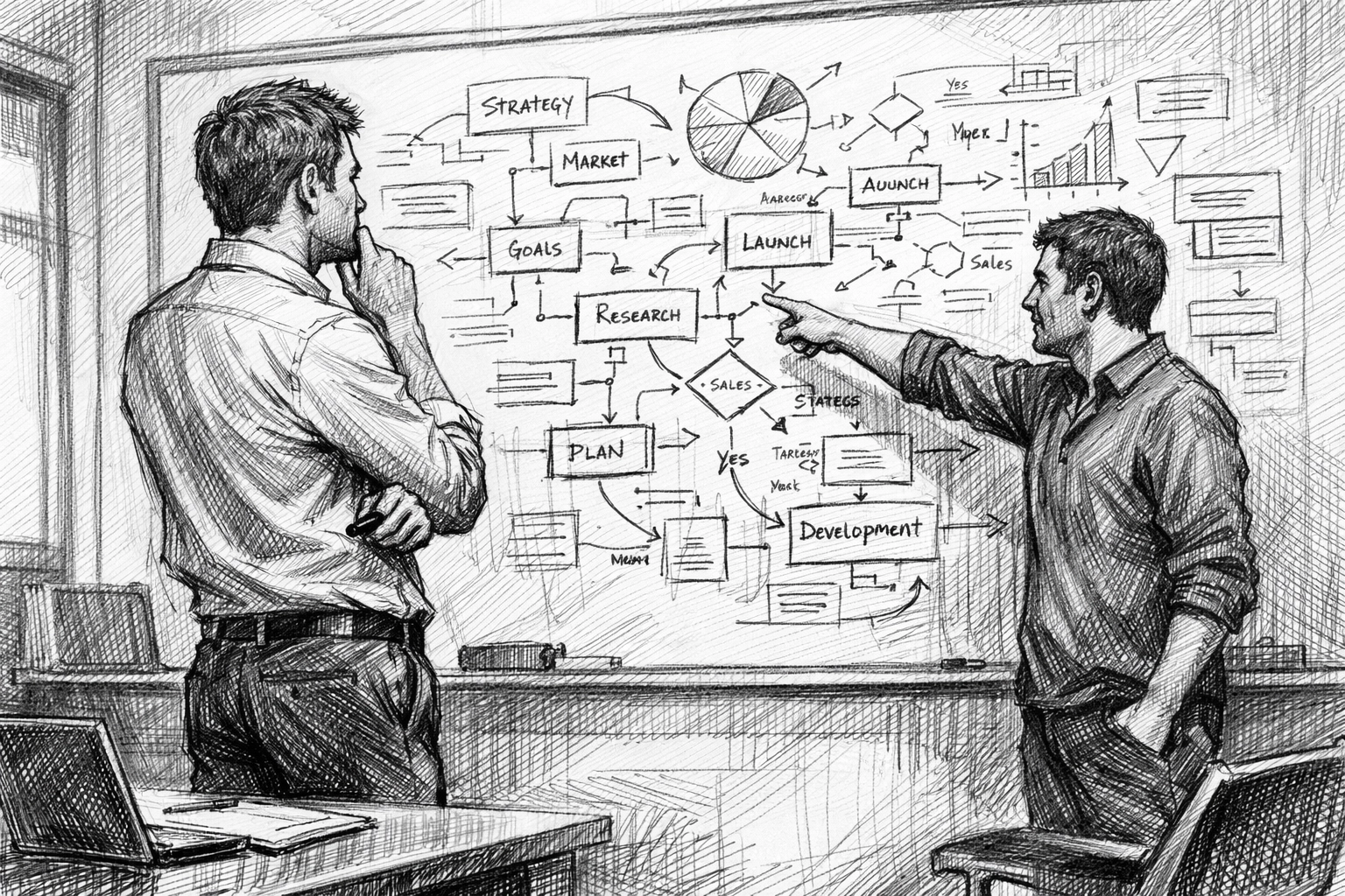 Black and white sketch of a business owner collaborating with a team member on flowcharts for company valuation.