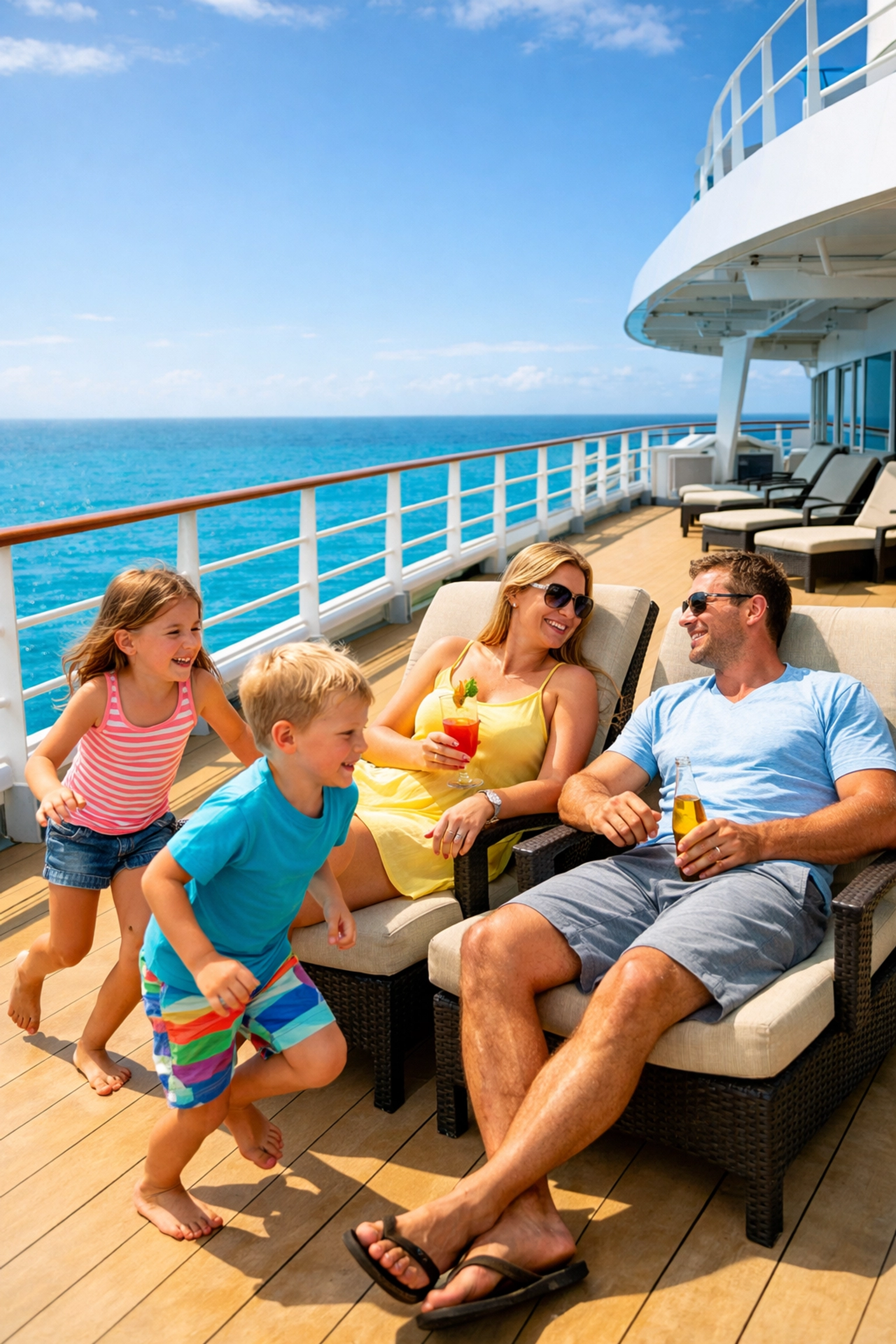 Family relaxing on Norwegian Luna cruise ship deck overlooking Caribbean ocean