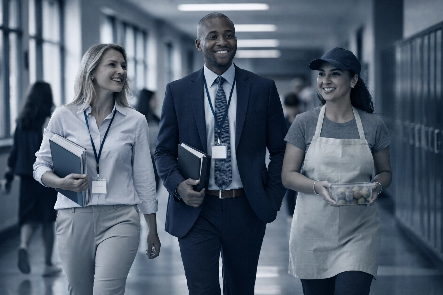 Diverse school district staff walking through hallway representing benefits enrollment challenges