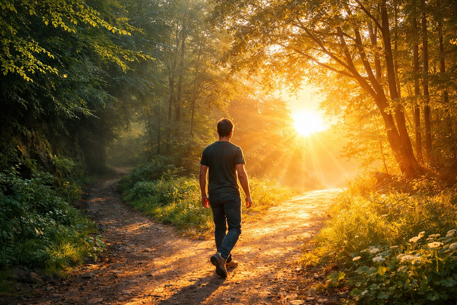 A young man choosing a sunlit forest path, symbolizing a spiritual fresh start and repentance.