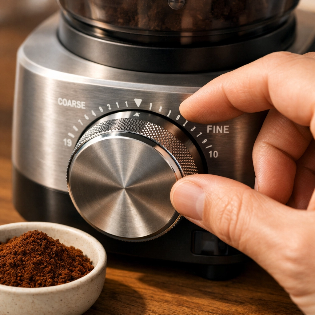 Adjusting the grind size dial on a premium coffee grinder for the perfect home espresso dial-in.