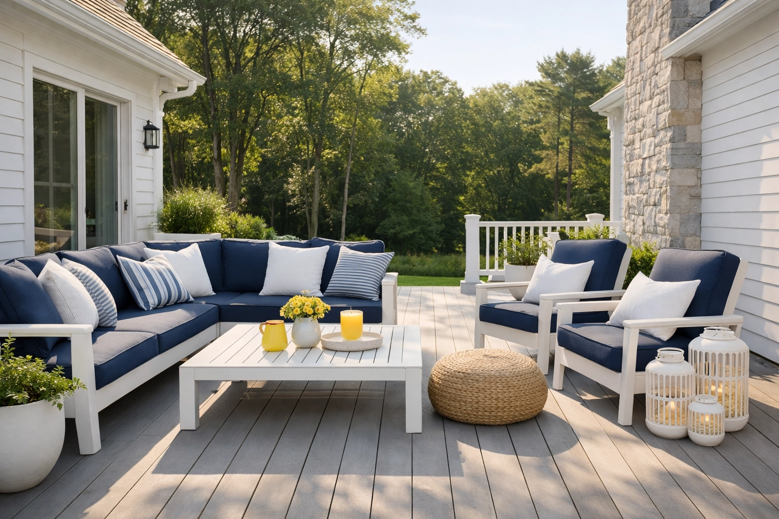 Serene, perfectly clean patio with blue-and-white cushions and subtle yellow accents—more free time, less cleaning.
