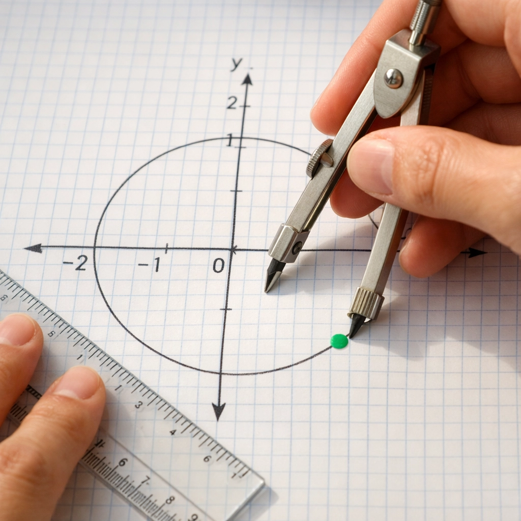 Hands drawing a circle on coordinate grid paper using compass and ruler for SAT geometry