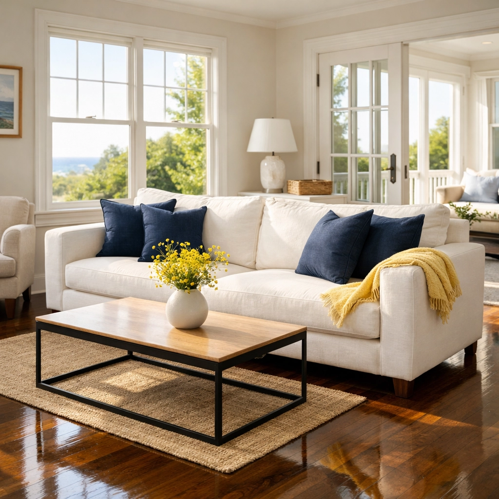 Sun-drenched Norfolk living room with polished hardwood floors after professional residential cleaning.