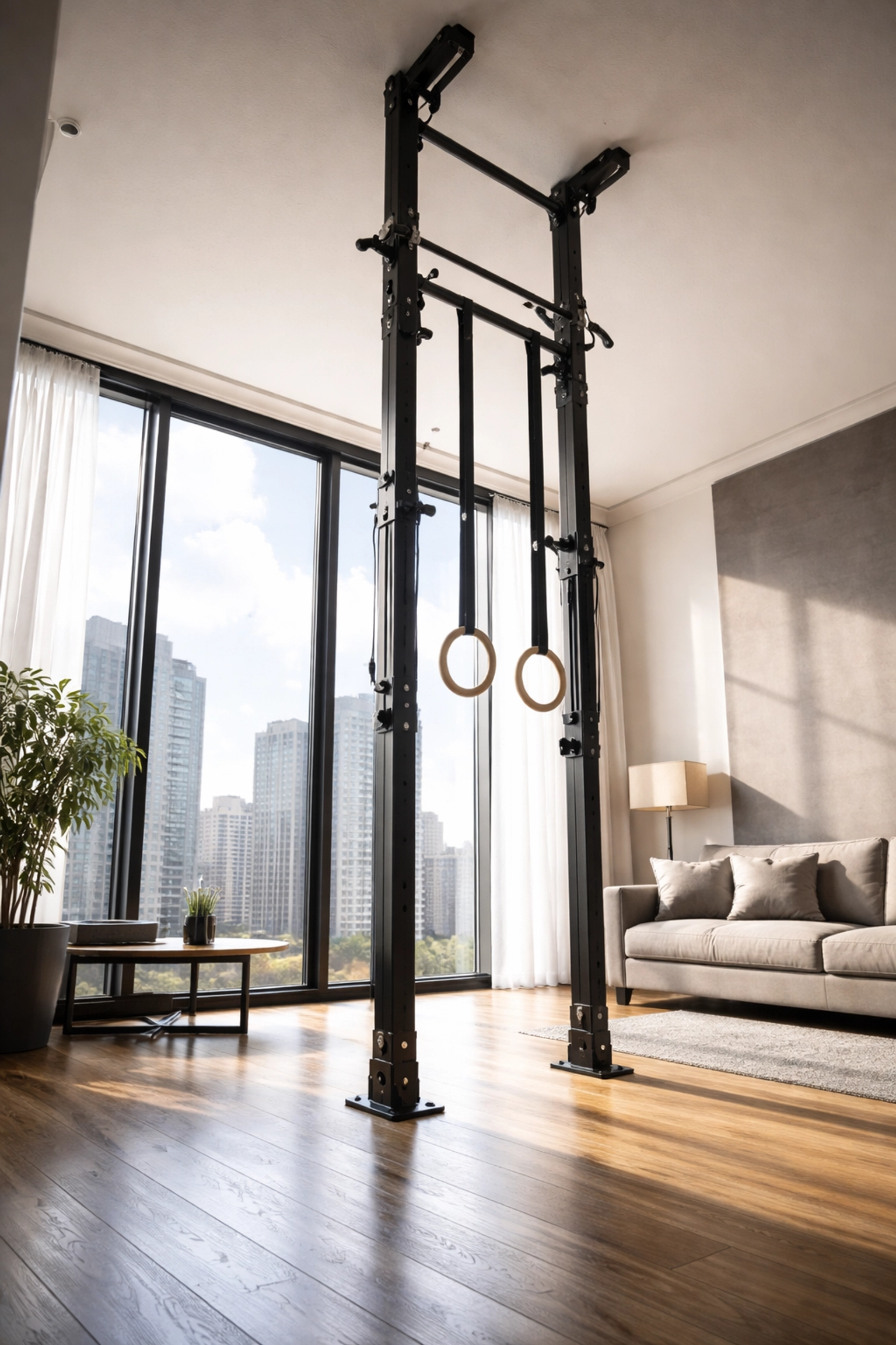 Floor-to-ceiling gym system with gymnastics rings in modern apartment, perfect for home workouts and small spaces