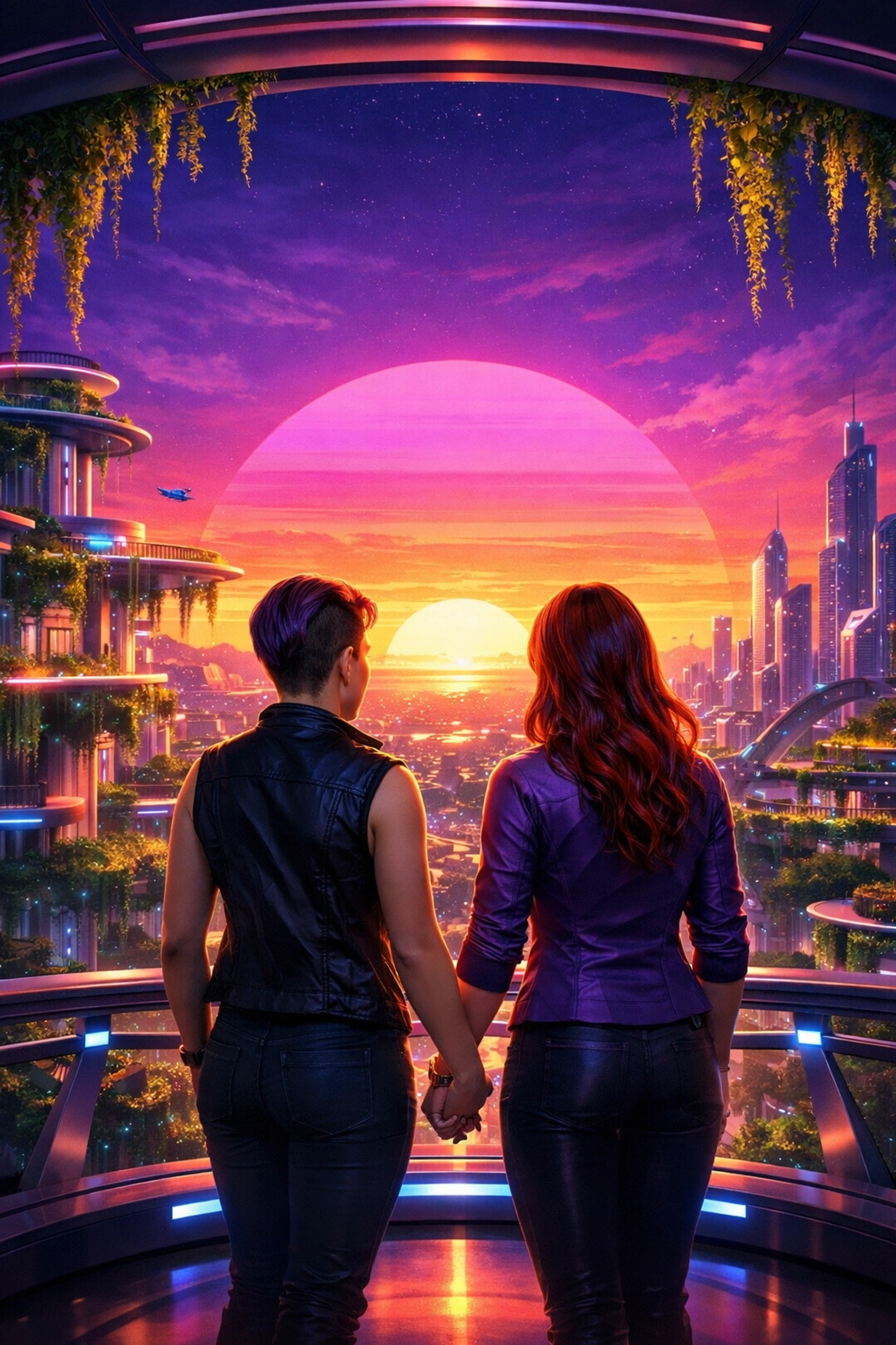 A lesbian couple looking at a futuristic sunset, representing LGBTQ+ resilience and bright queer futures.