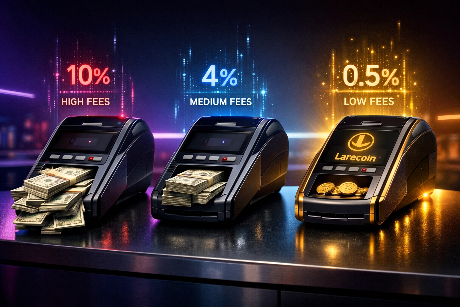 Crypto payment terminal fee comparison showing high fees vs Larecoin's minimal processing costs