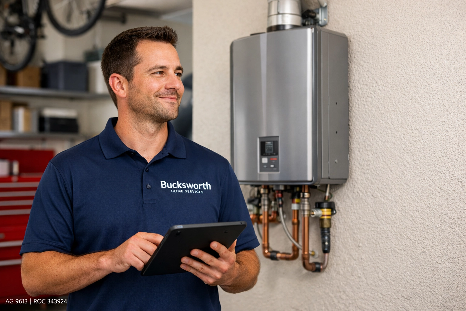 Bucksworth plumbing technician performing an expert water heater inspection in a Queen Creek home.