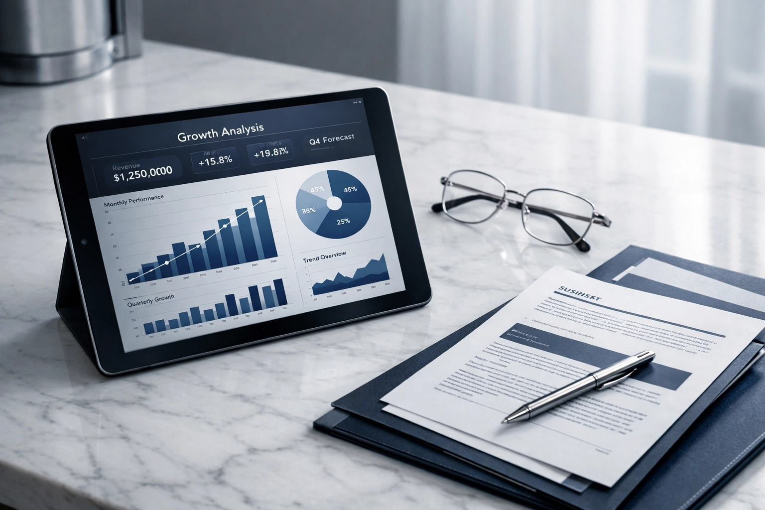 Professional financial records and growth charts on a tablet for accurate business valuation.