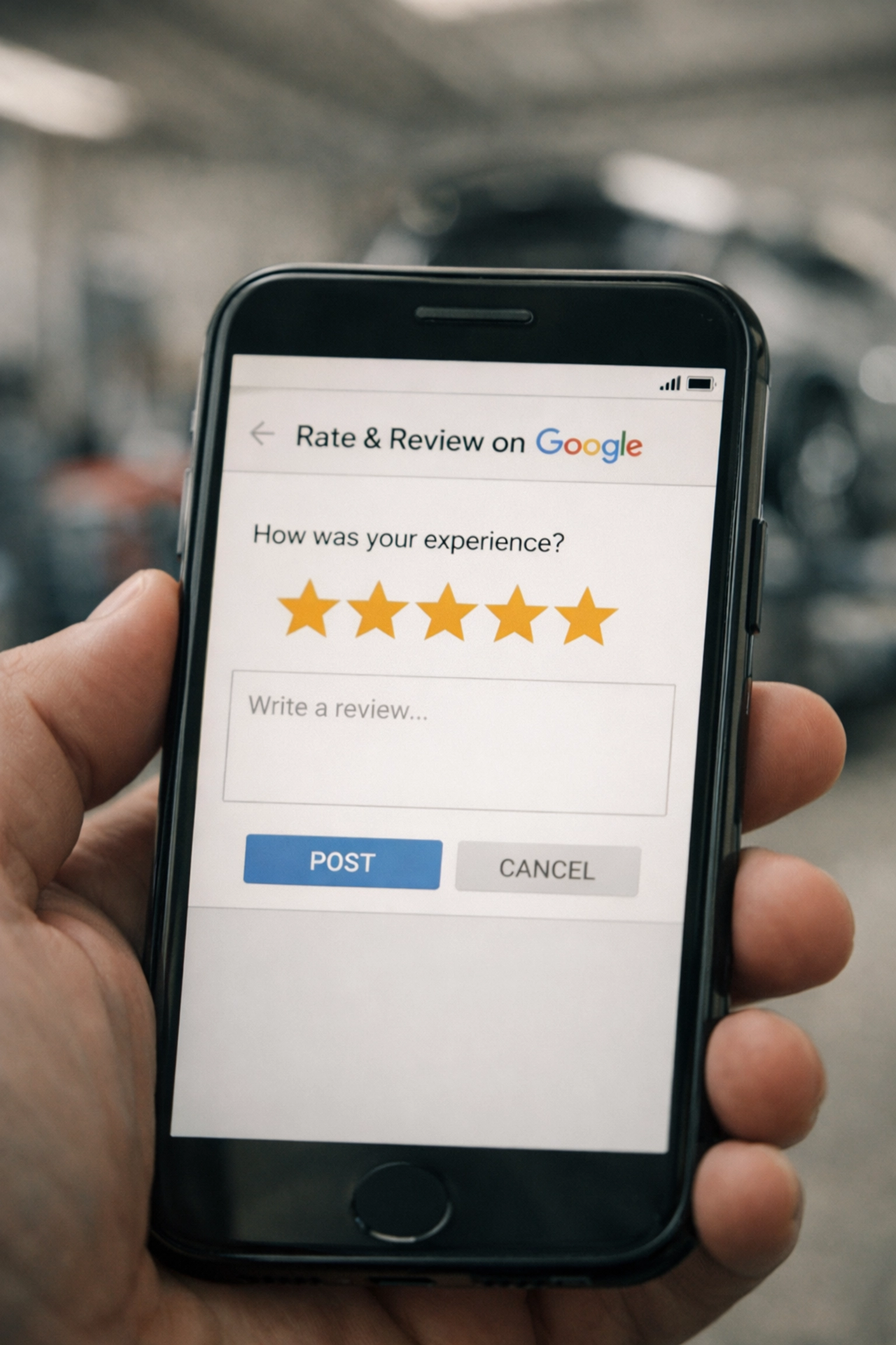 Customer leaving 5-star Google review for auto repair shop on smartphone