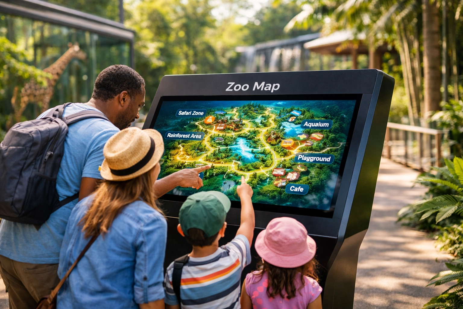 A family uses an interactive digital kiosk at a smart zoo to access a digital map and personalized guides.