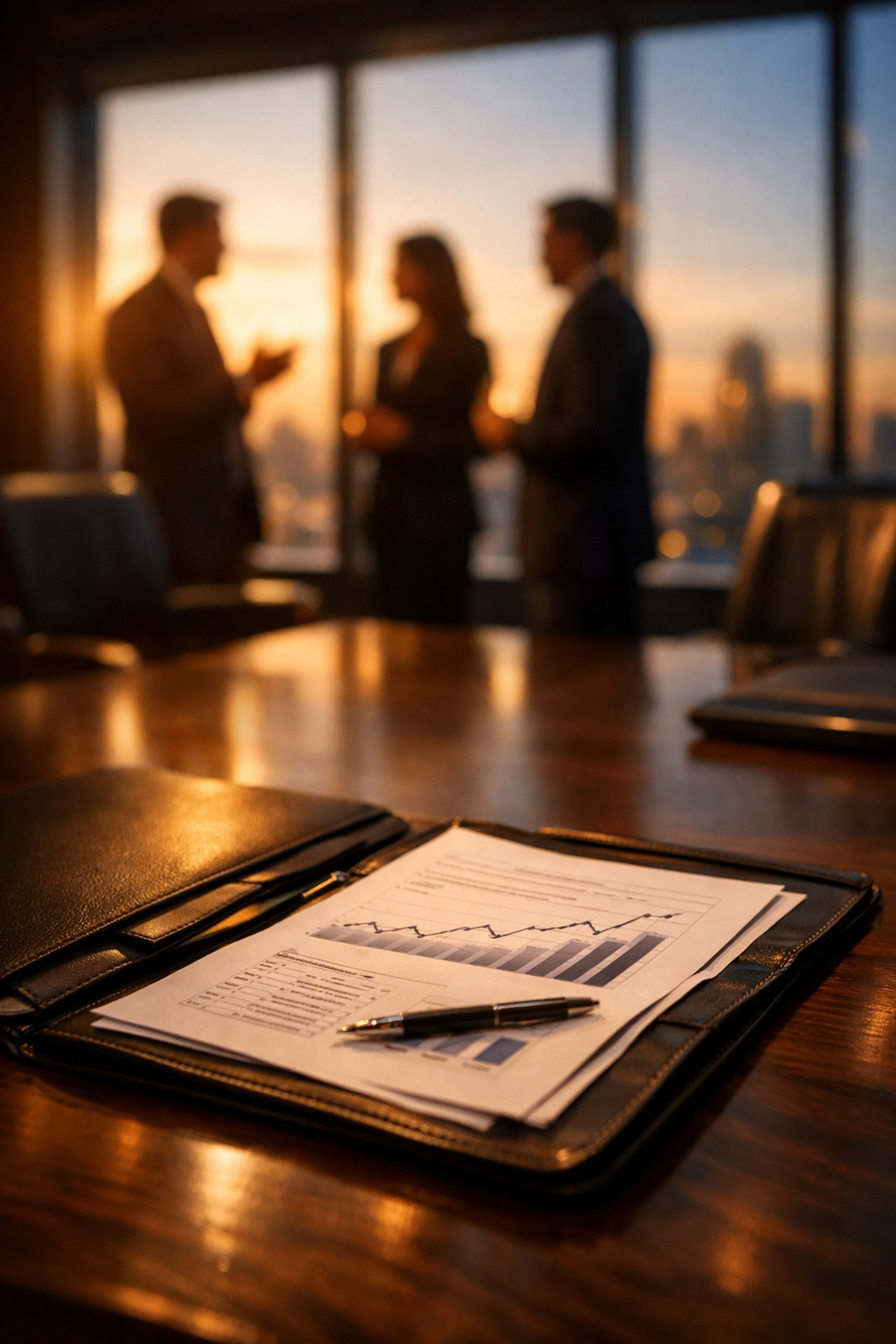 Private equity portfolio review meeting with strategic financial planning documents