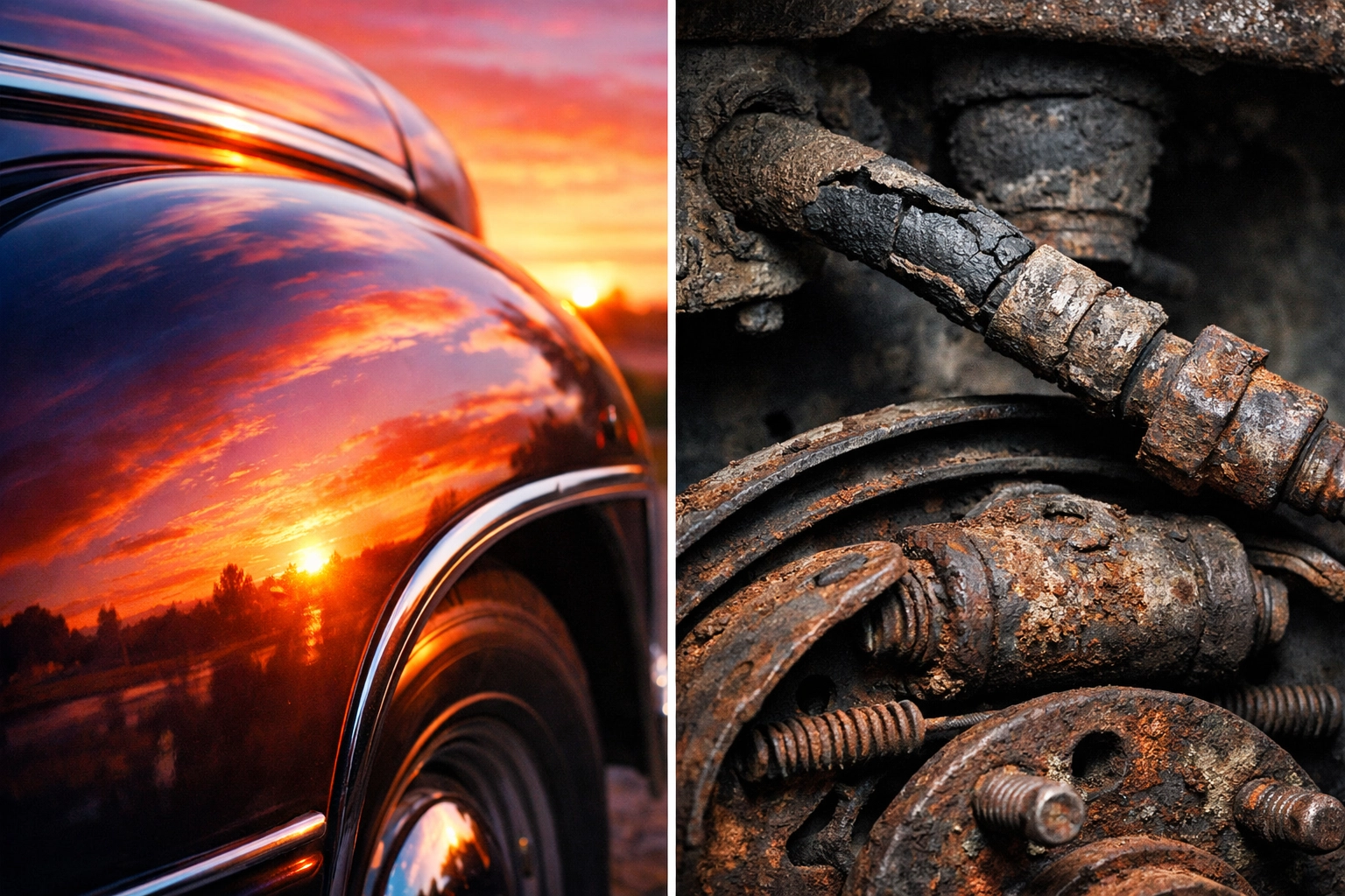 A split image showing a shiny classic car fender versus rusted brake components needing service.