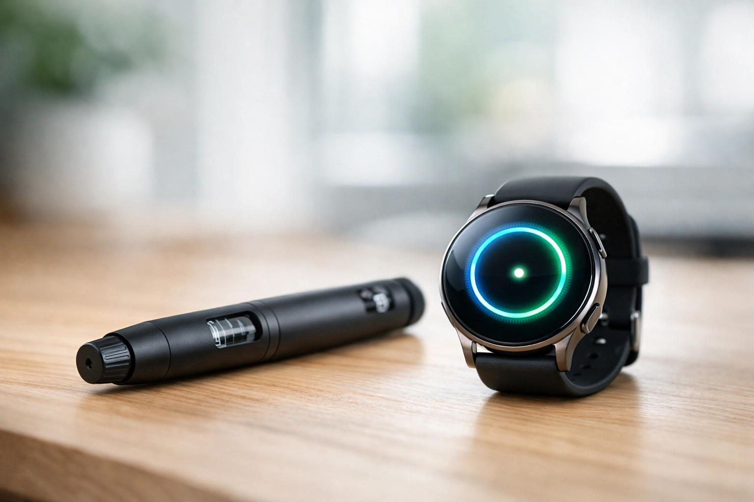 Modern GLP 1 agonist injection pen and a smartwatch for monitoring metabolic health data.