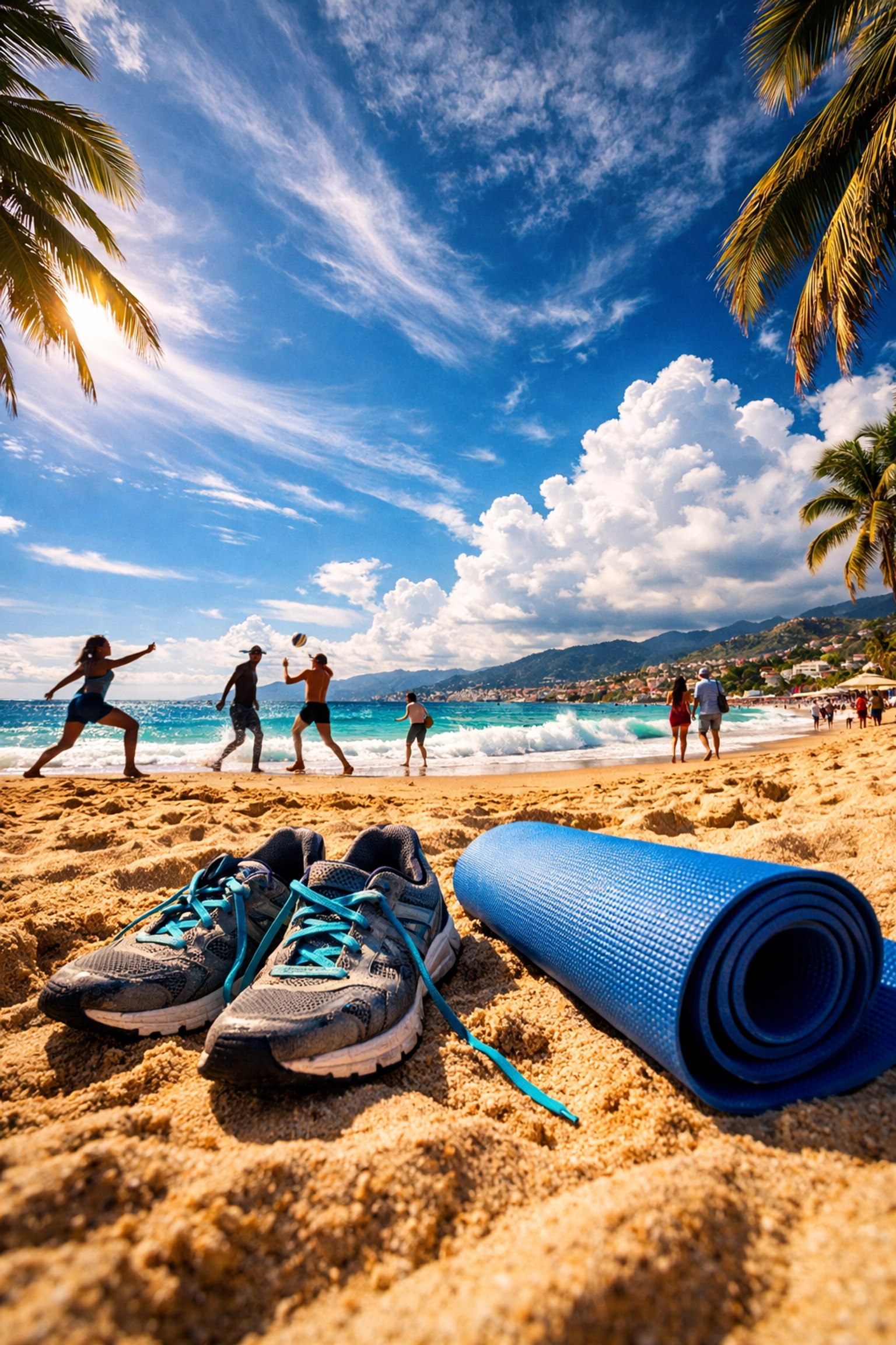 Puerto Vallarta beach with yoga mat and running shoes for digital nomad afternoon break