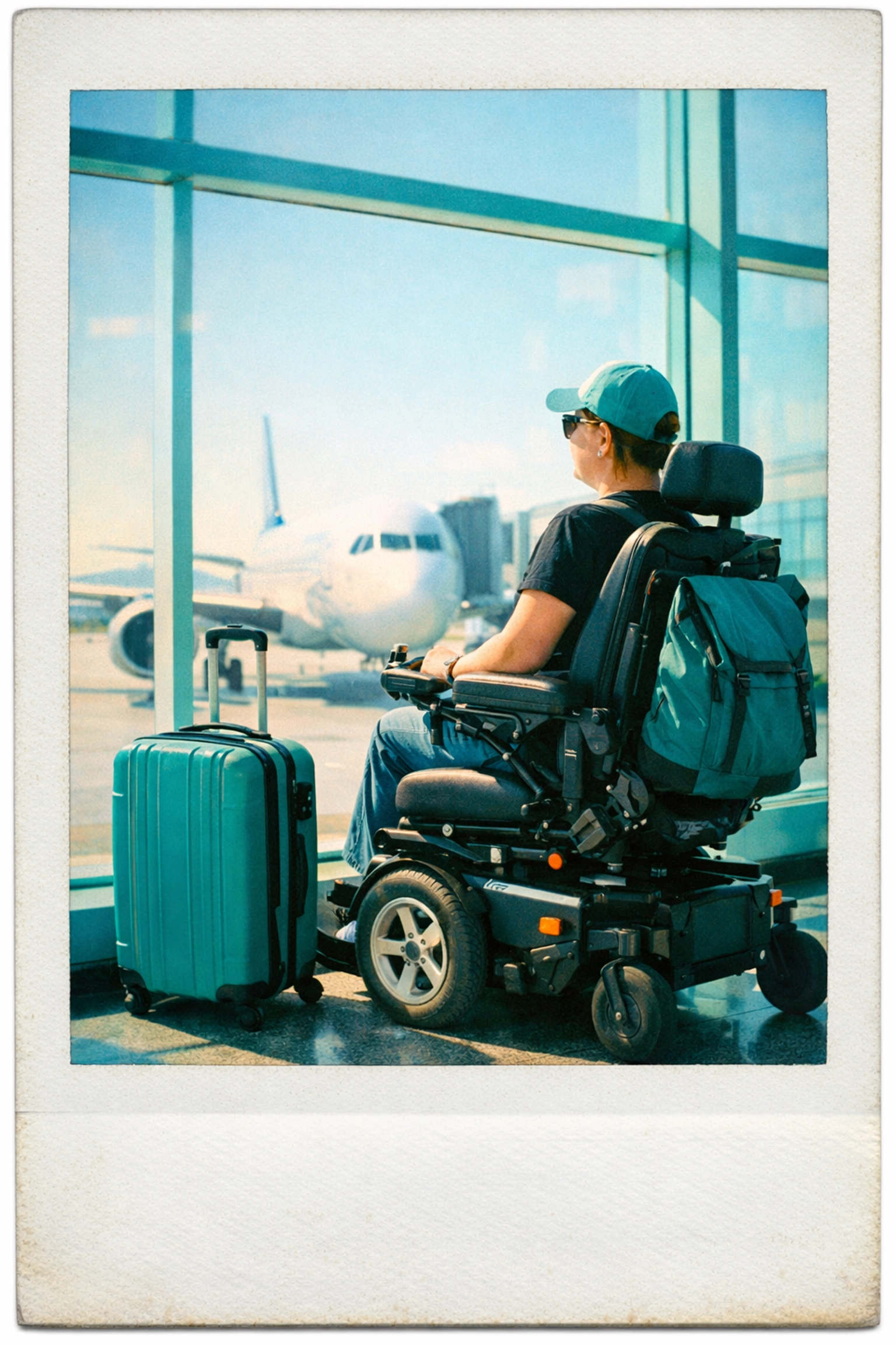A powerchair user looking out at an airplane at the airport gate before boarding.