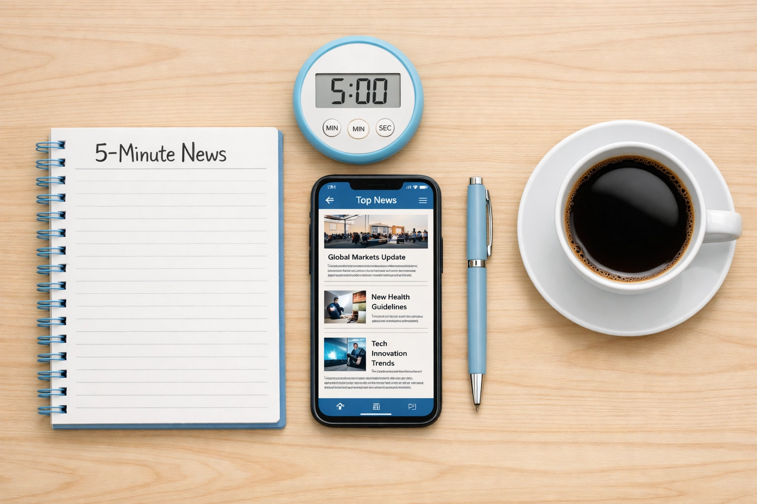 Organized 5-minute news planning setup with timer, notebook, smartphone and coffee