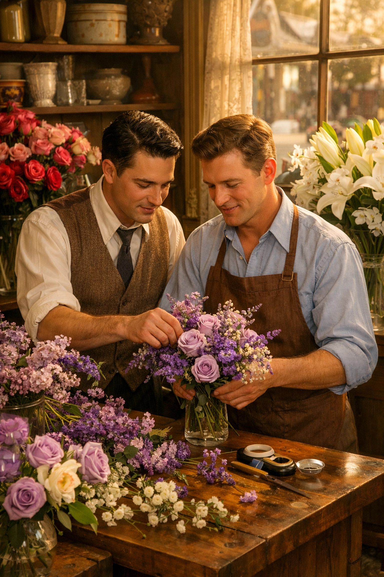 Gay florists arranging lavender blooms in 1950s vintage flower shop