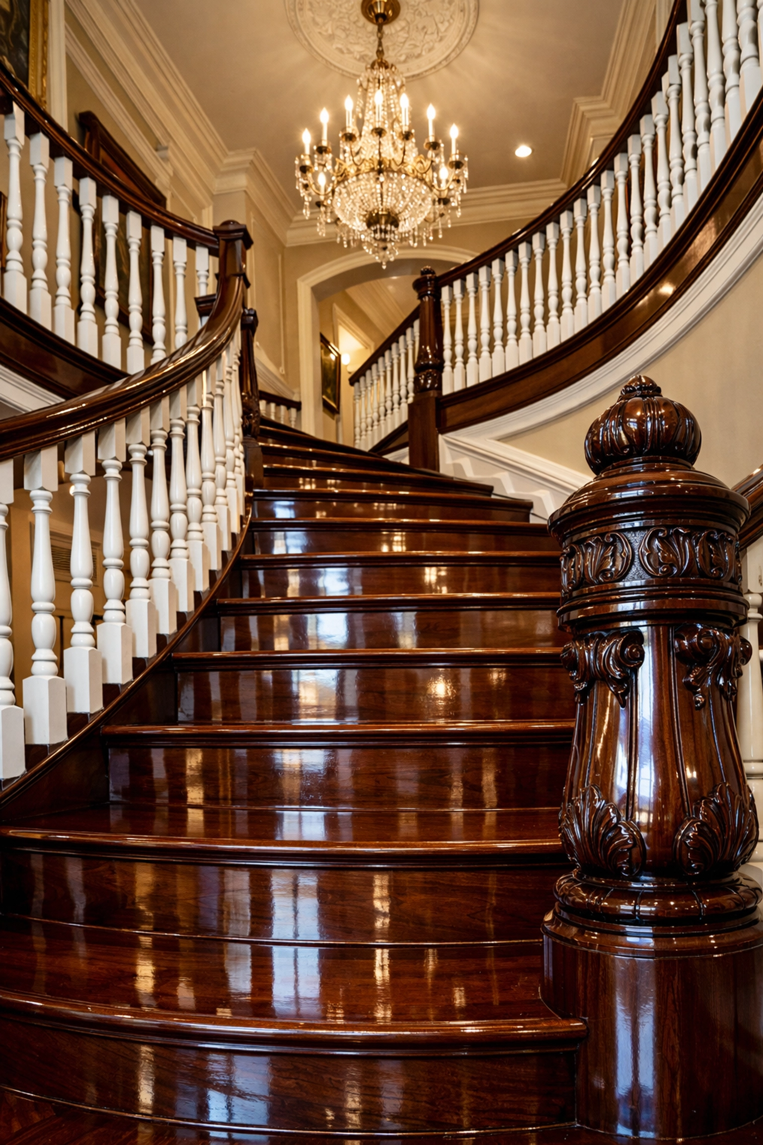 Mirror-finish polished mahogany staircase in a historic home after a Lexington luxury deep clean.