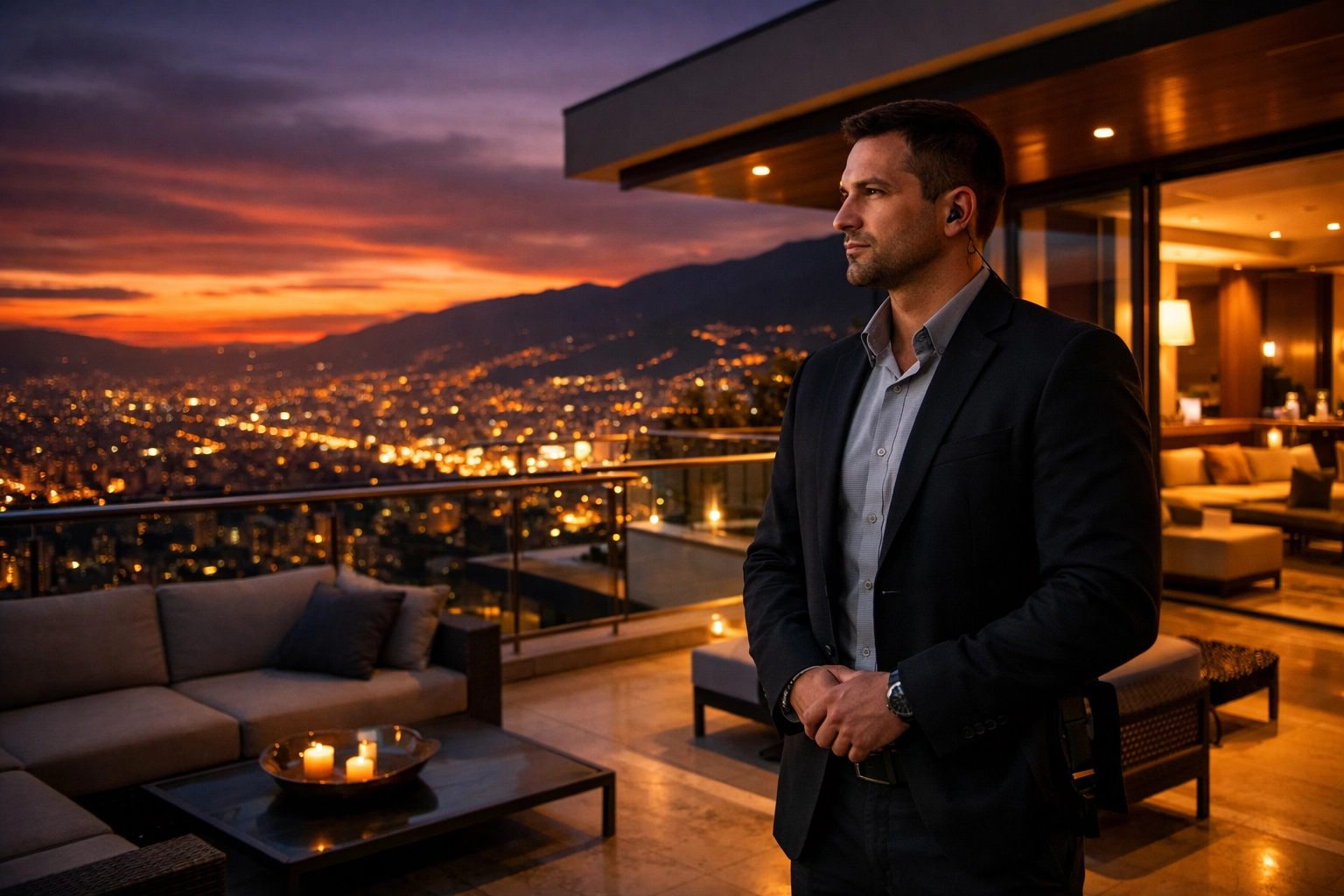 Discreet security expert providing shadow protection on a luxury Medellin penthouse balcony.