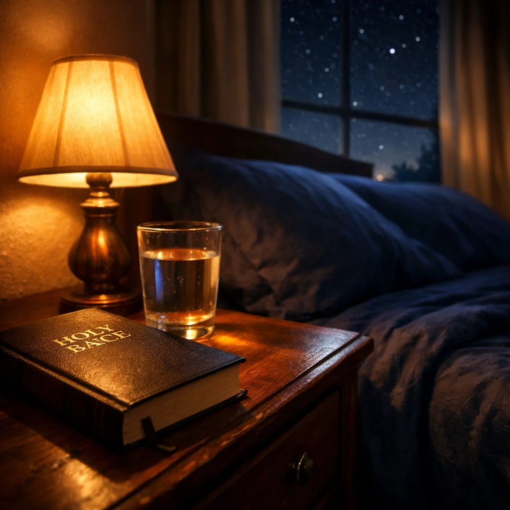 Peaceful bedroom at night with Bible and warm lamp creating a restful sleep environment