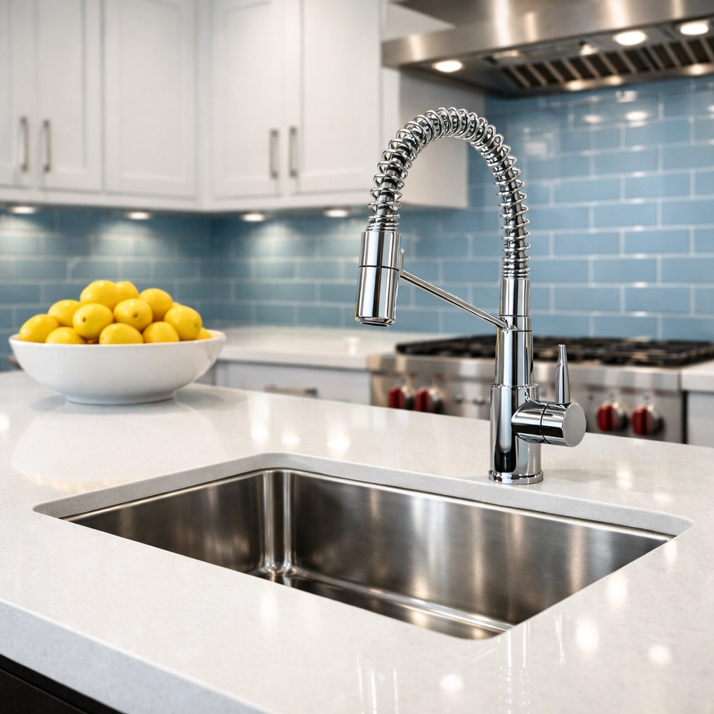 Spotless gourmet kitchen in Lancaster showing a deep-cleaned white quartz countertop and sparkling sink.