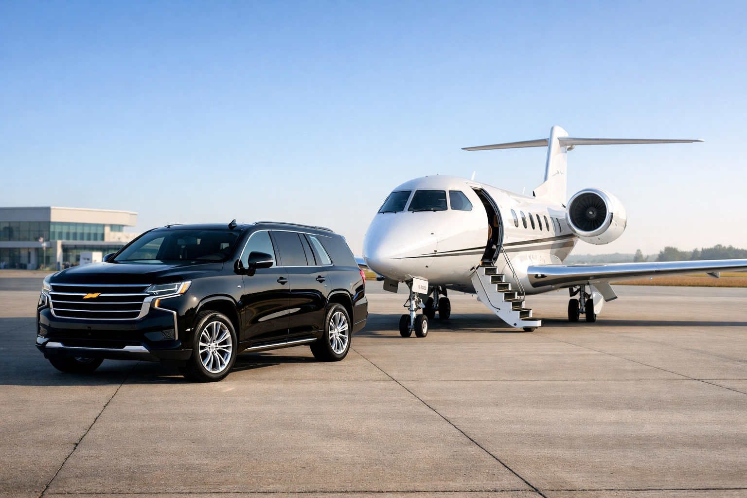 PRESS RELEASE: The Ultimate Guide to Super Bowl Transportation Logistics: Everything You Need to Succeed Luxury black SUV and executive private jet at an airport terminal for VIP Super Bowl transportation.