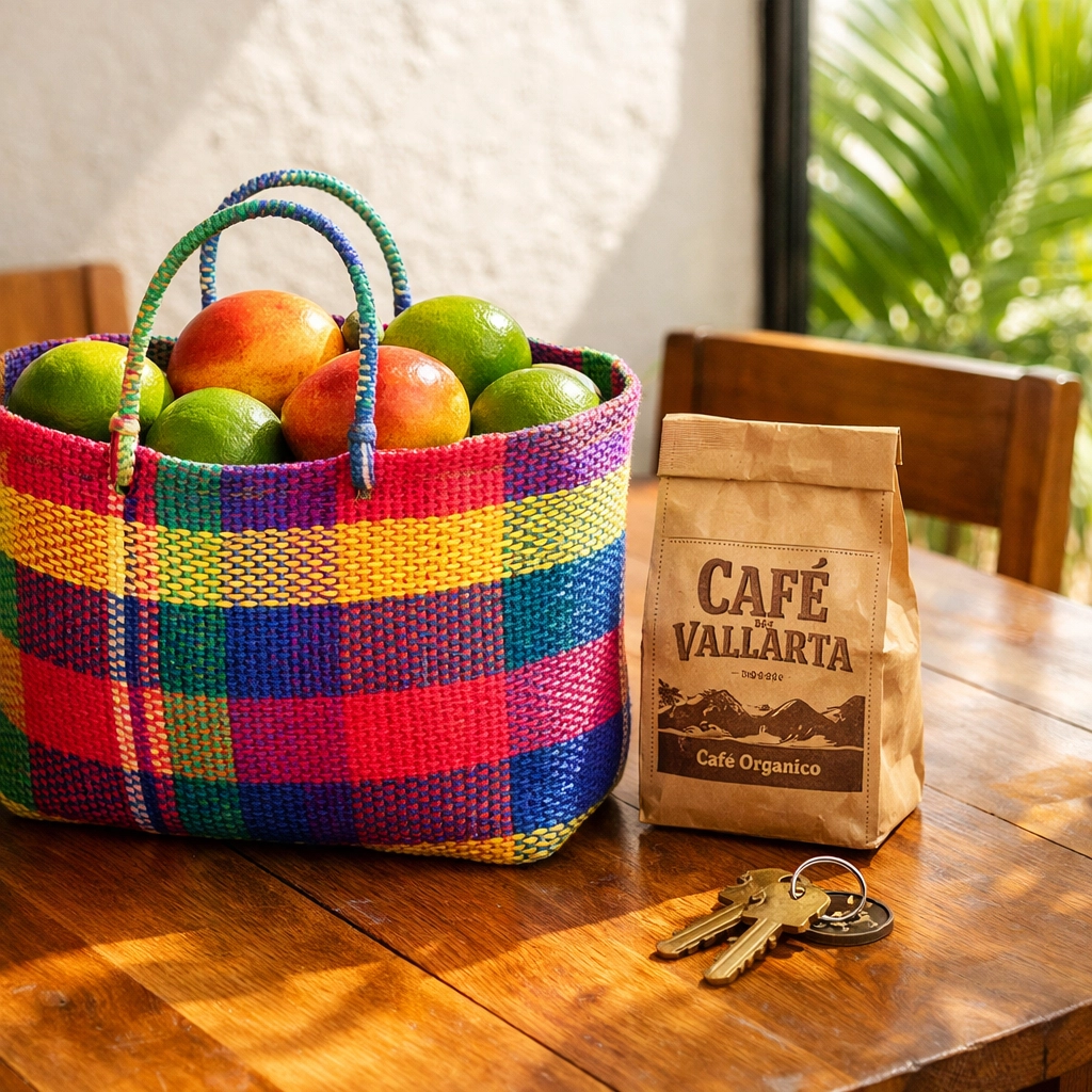 Fresh tropical fruit and local coffee on a dining table in a condo rental Puerto Vallarta Mexico.