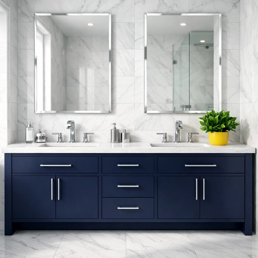 Eco-friendly luxury house cleaning MA in a high-end bathroom with marble tiles and a modern navy vanity.