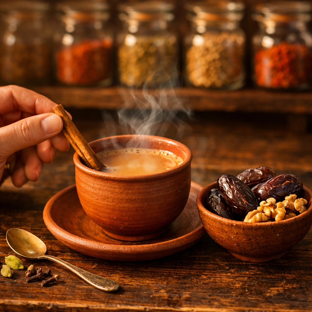 Masala tea with Medjoul dates and walnuts, showing farm fresh spices online delivery directly to home.