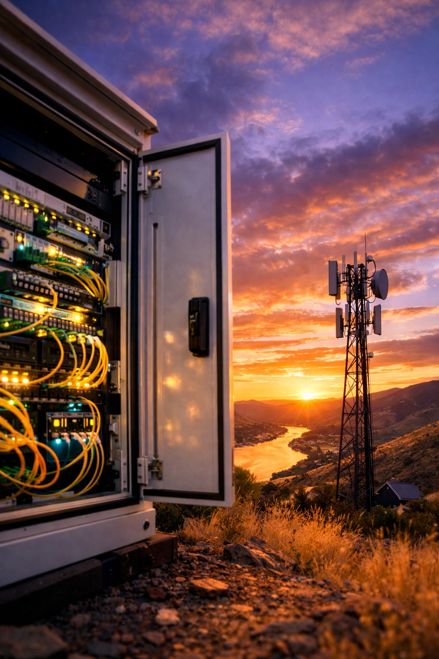 Fiber optic internet equipment and a wireless tower overlooking the Snake River near Lewiston, ID.