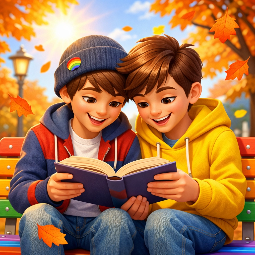 Two queer teenage boys reading a book together on a park bench, celebrating LGBTQ+ YA fiction and joy.