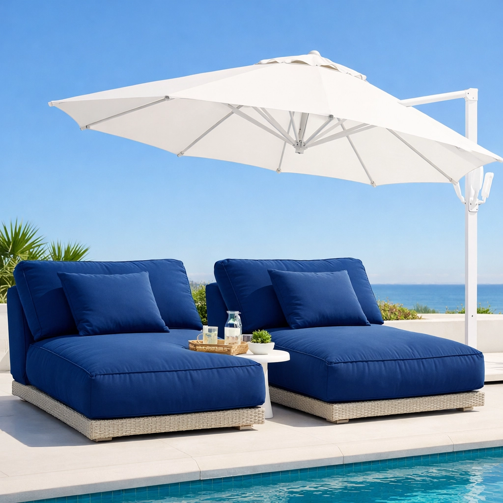 Spotless outdoor lounge chairs and umbrella set up on a clean poolside deck.