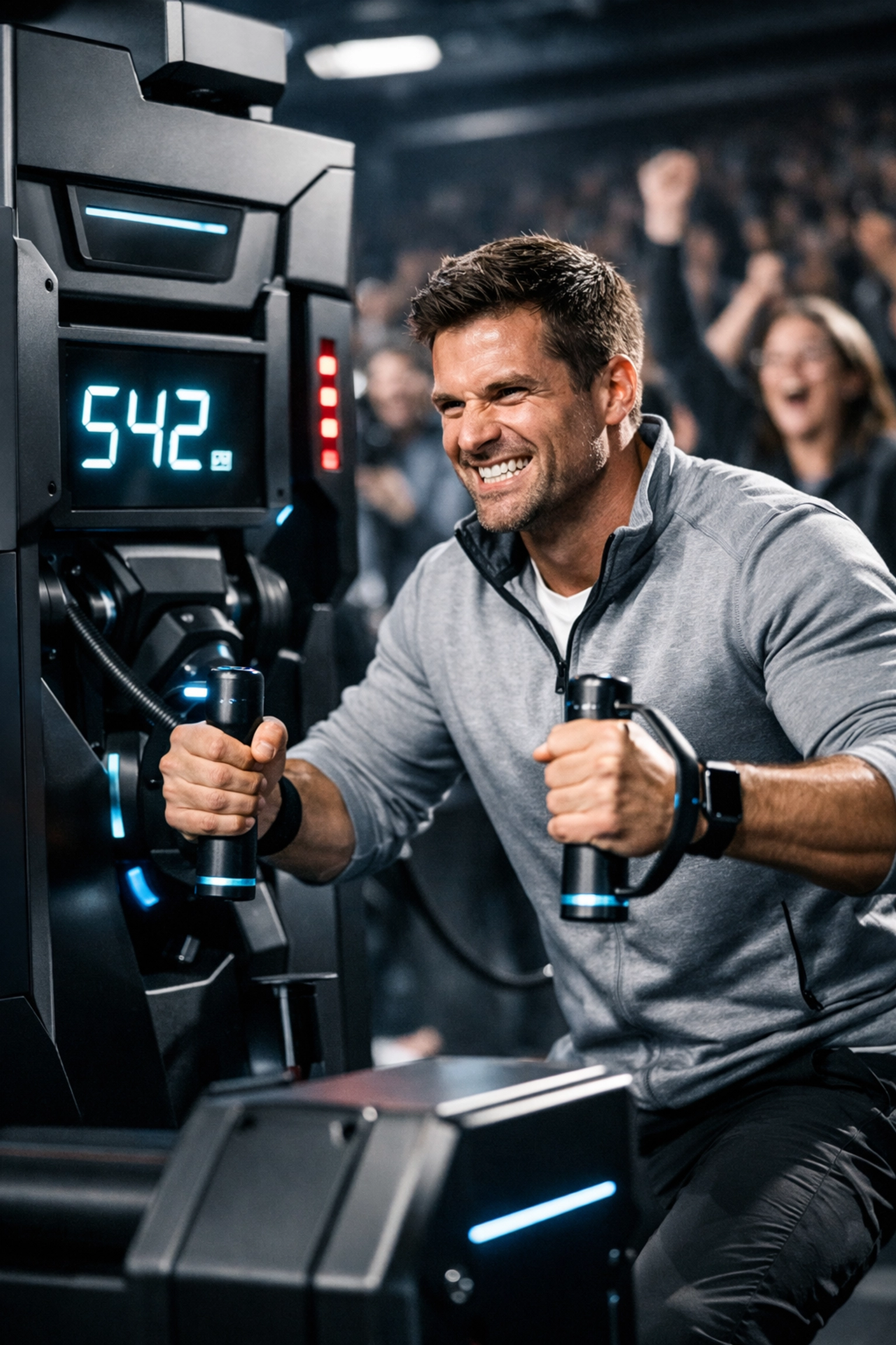 Fans participating in a high-tech gamified challenge at a Super Bowl 2026 interactive booth.