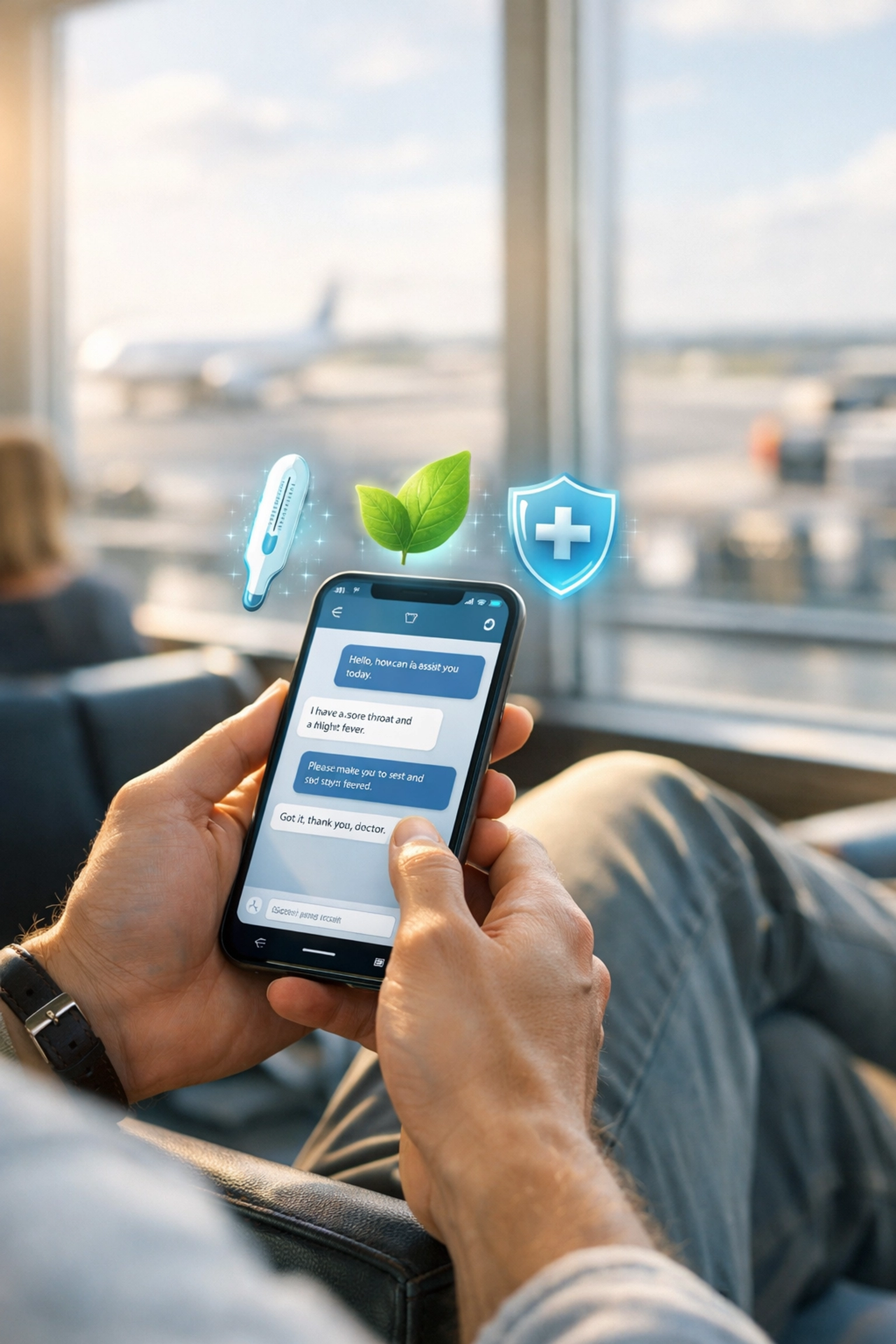 Traveler using secure medical messaging to chat with a doctor 24/7 from an airport lounge.