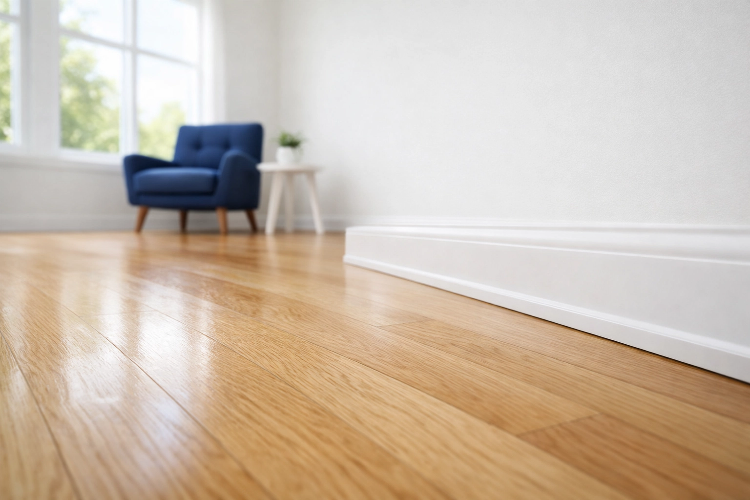 Clean hardwood floors and white baseboards in a sun-drenched, move-in ready living room.