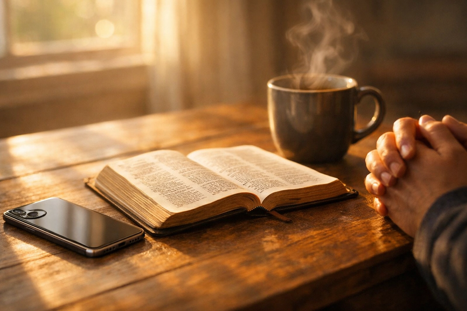 Phone face-down next to open Bible with coffee and praying hands on wooden table