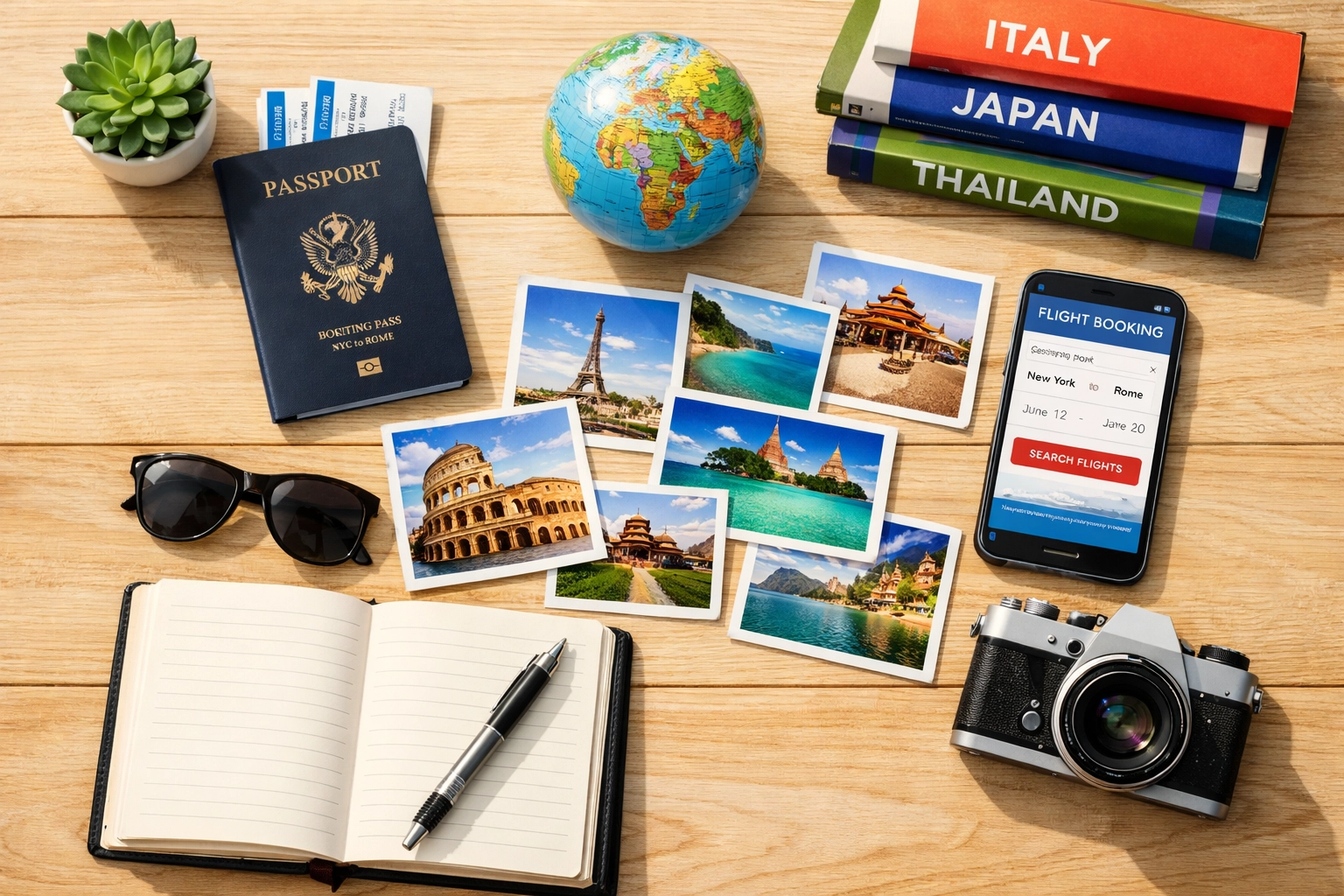 Travel planning essentials including passport, boarding passes, guidebooks and globe on desk
