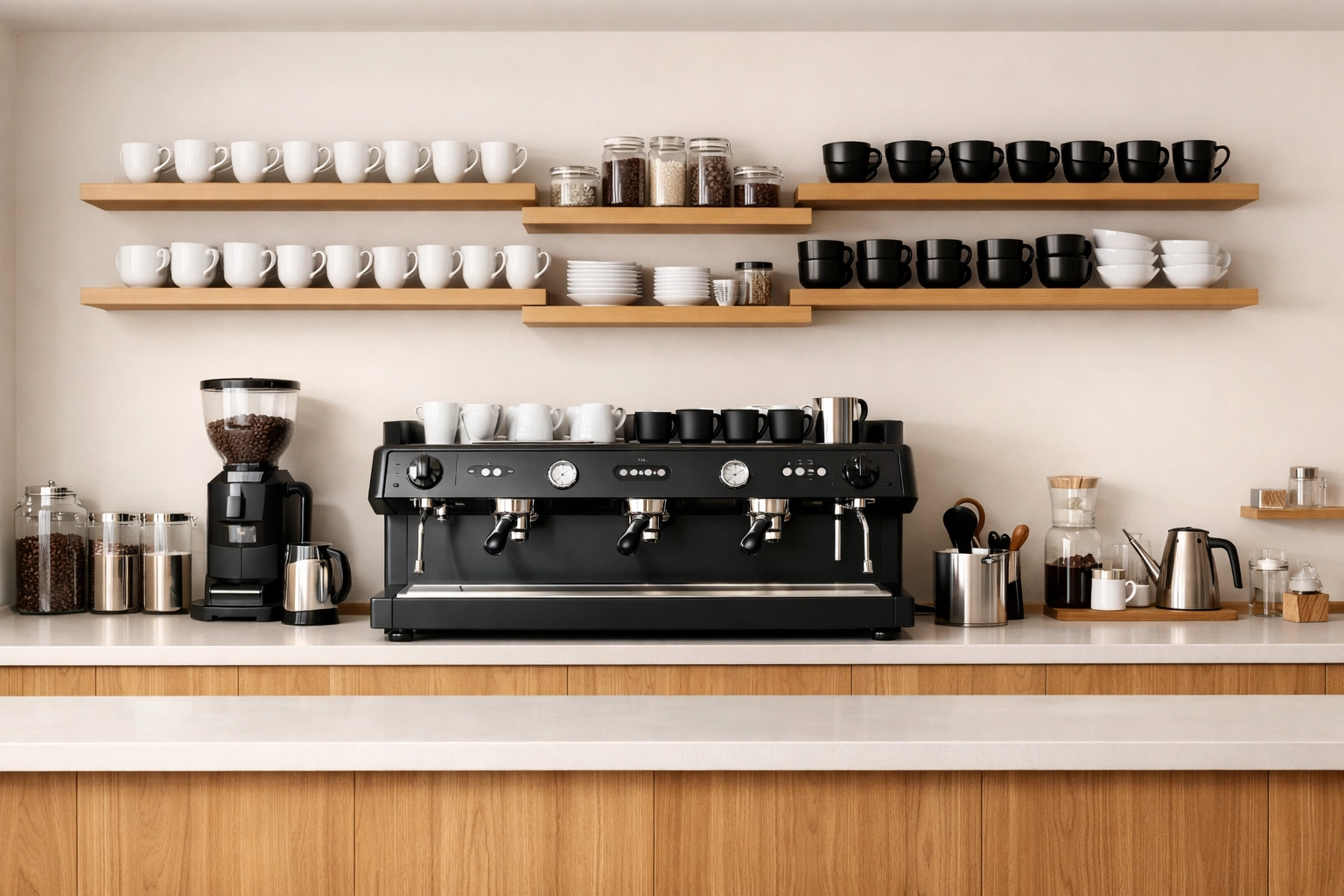 Modern coffee shop interior layout featuring a professional espresso machine and organized cafe bar.