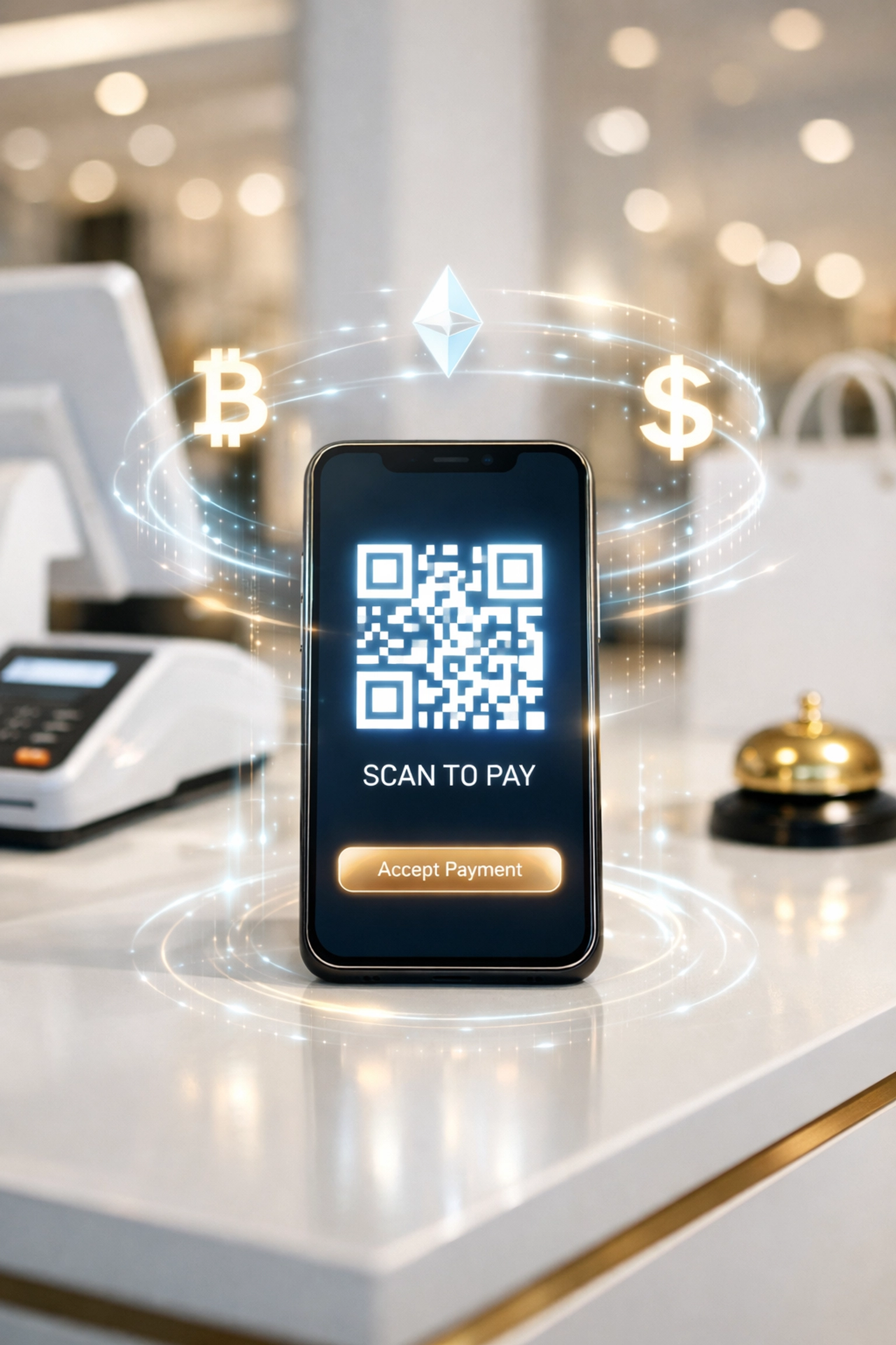 Smartphone displaying QR code crypto payment interface for Web3 retail checkout