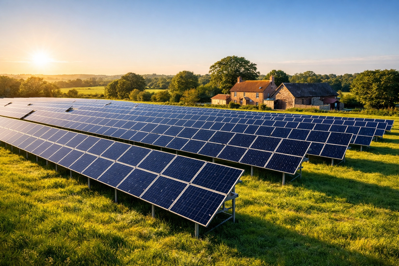 Ground-mounted solar panel installation on Dorset farmland with traditional farmhouse in background