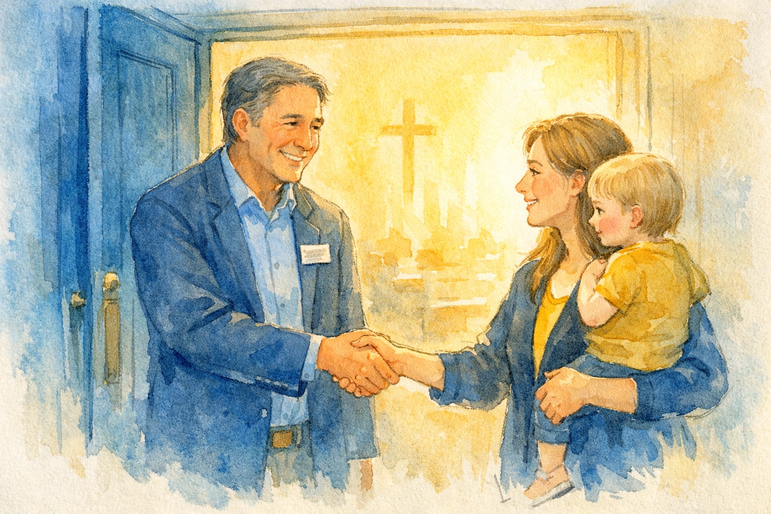 Church greeter welcoming young mother and child at Sunday morning service entrance