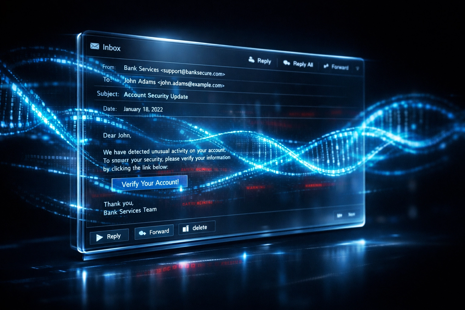 AI-powered phishing email with hidden malicious code invisible to traditional detection methods