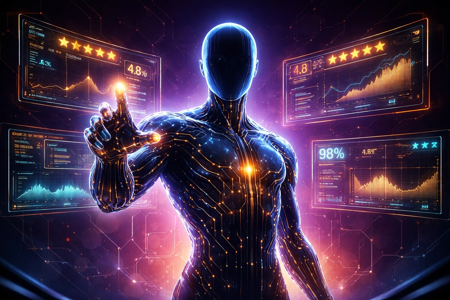 AI algorithm evaluating digital marketing data and business reputation with floating analytics screens